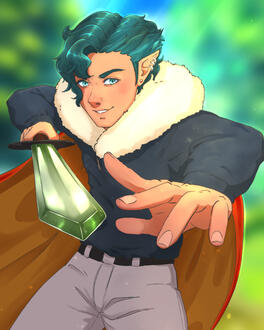 An elven man preparing strike with olive green sword.