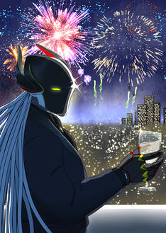 Remmi New Years Eve Remmi looking back at you with a glass of wine as fireworks goes off above a bustling city at night.