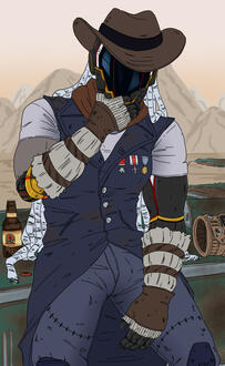 Remmi dressed in some Fallout New Vegas garb as he leans on a broken car, while drinking Sunset Sarsaparilla.